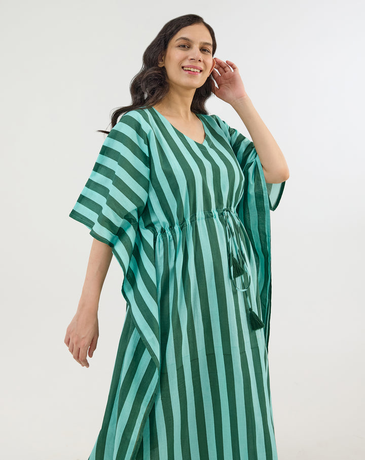 Bubble Gum Olive Hand Screen Printed Cotton Kaftan - Full Length
