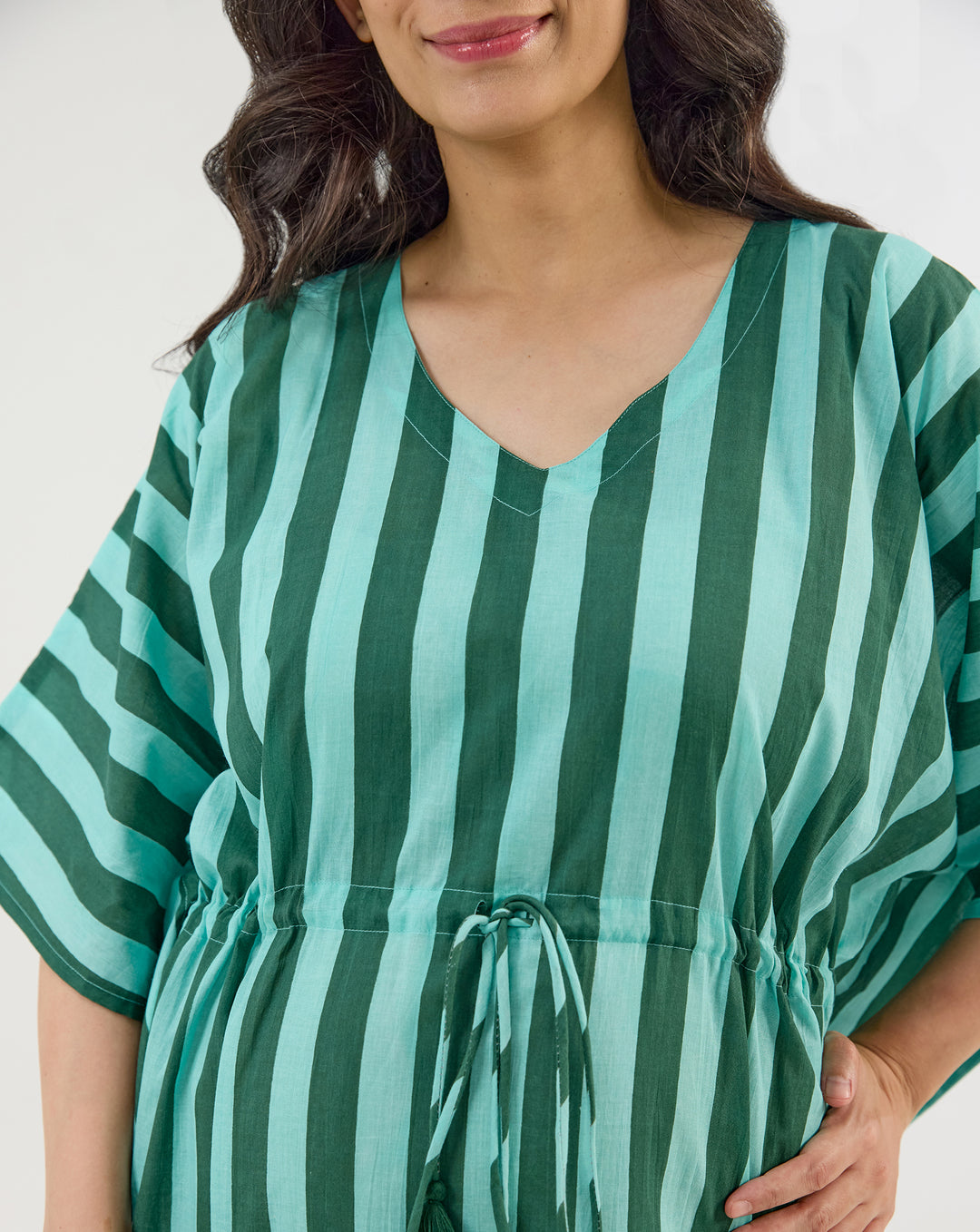Bubble Gum Olive Hand Screen Printed Cotton Kaftan - Full Length
