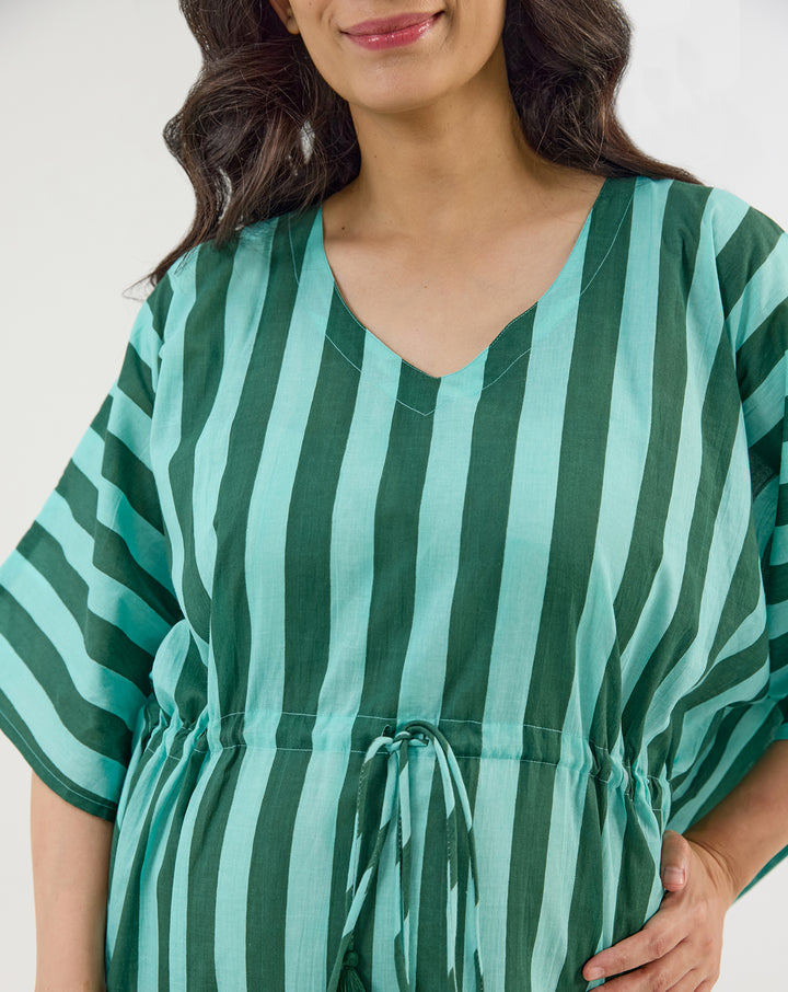 Bubble Gum Olive Hand Screen Printed Cotton Kaftan - Full Length