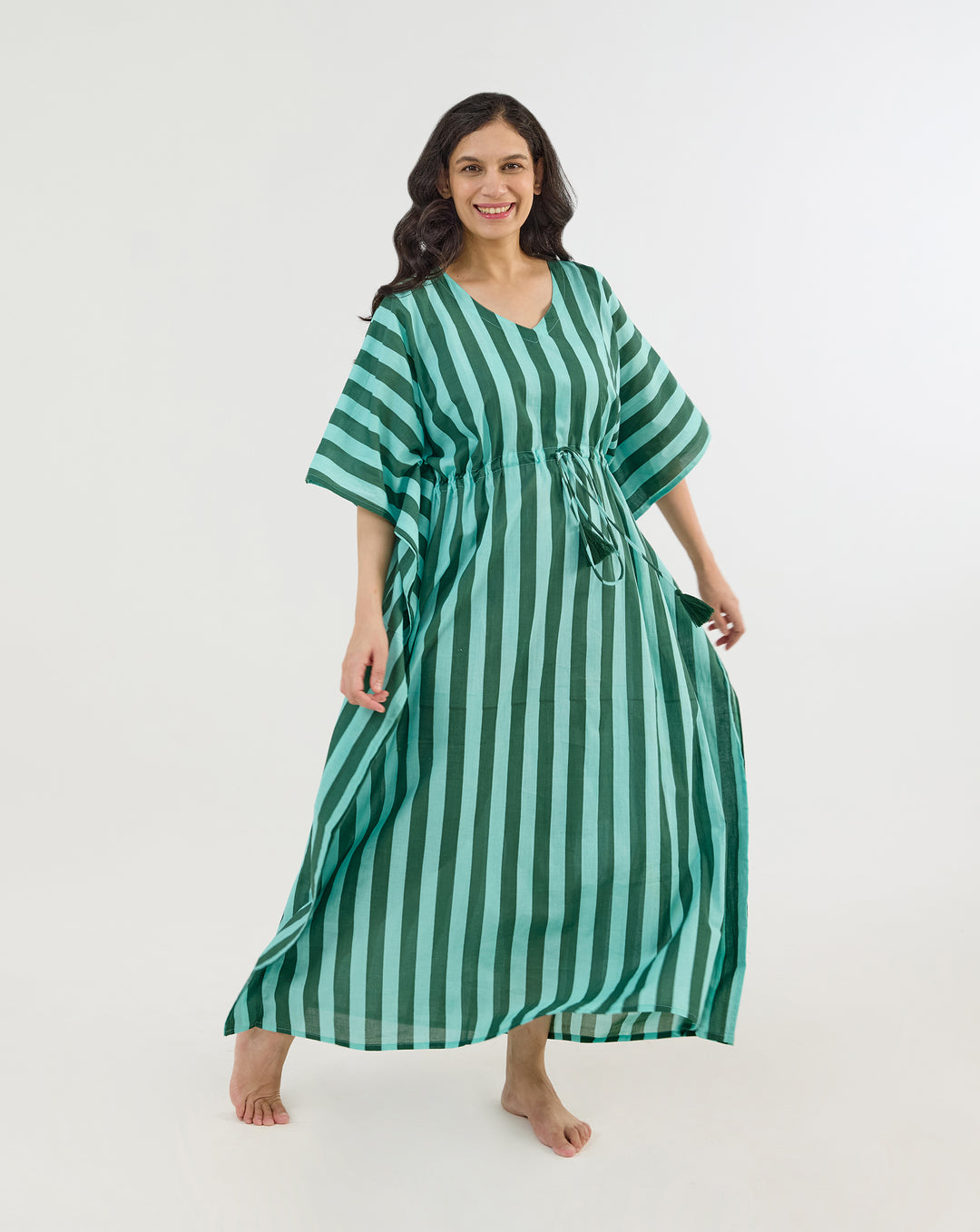 Bubble Gum Olive Hand Screen Printed Cotton Kaftan - Full Length