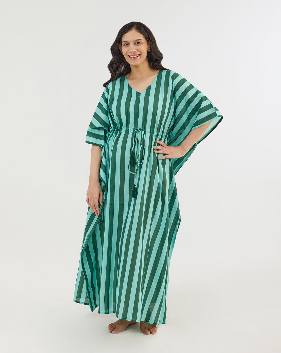 Bubble Gum Olive Hand Screen Printed Cotton Kaftan - Full Length