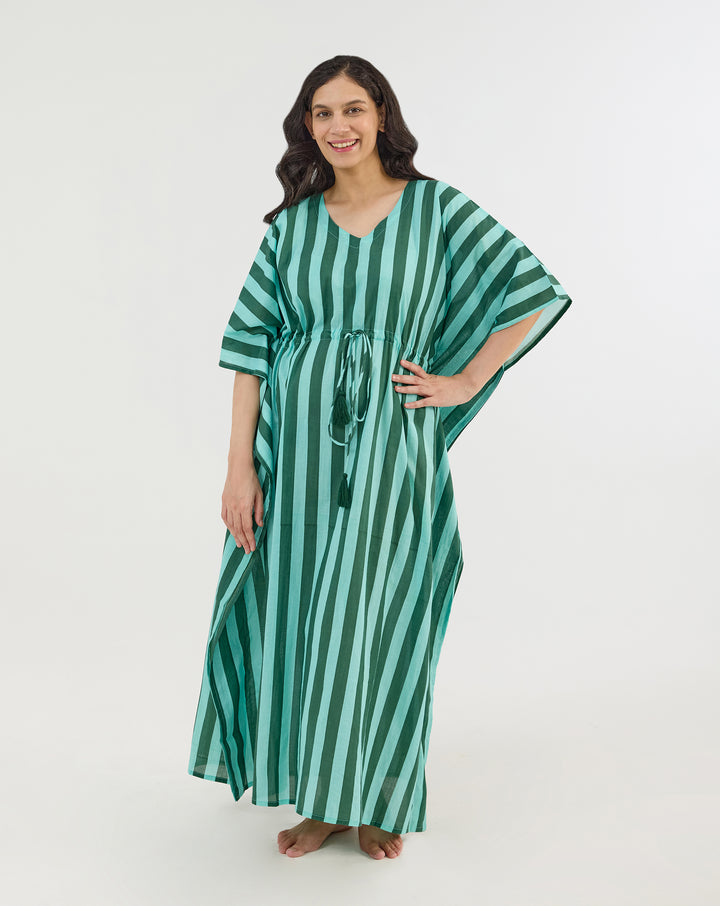 Bubble Gum Olive Hand Screen Printed Cotton Kaftan - Full Length