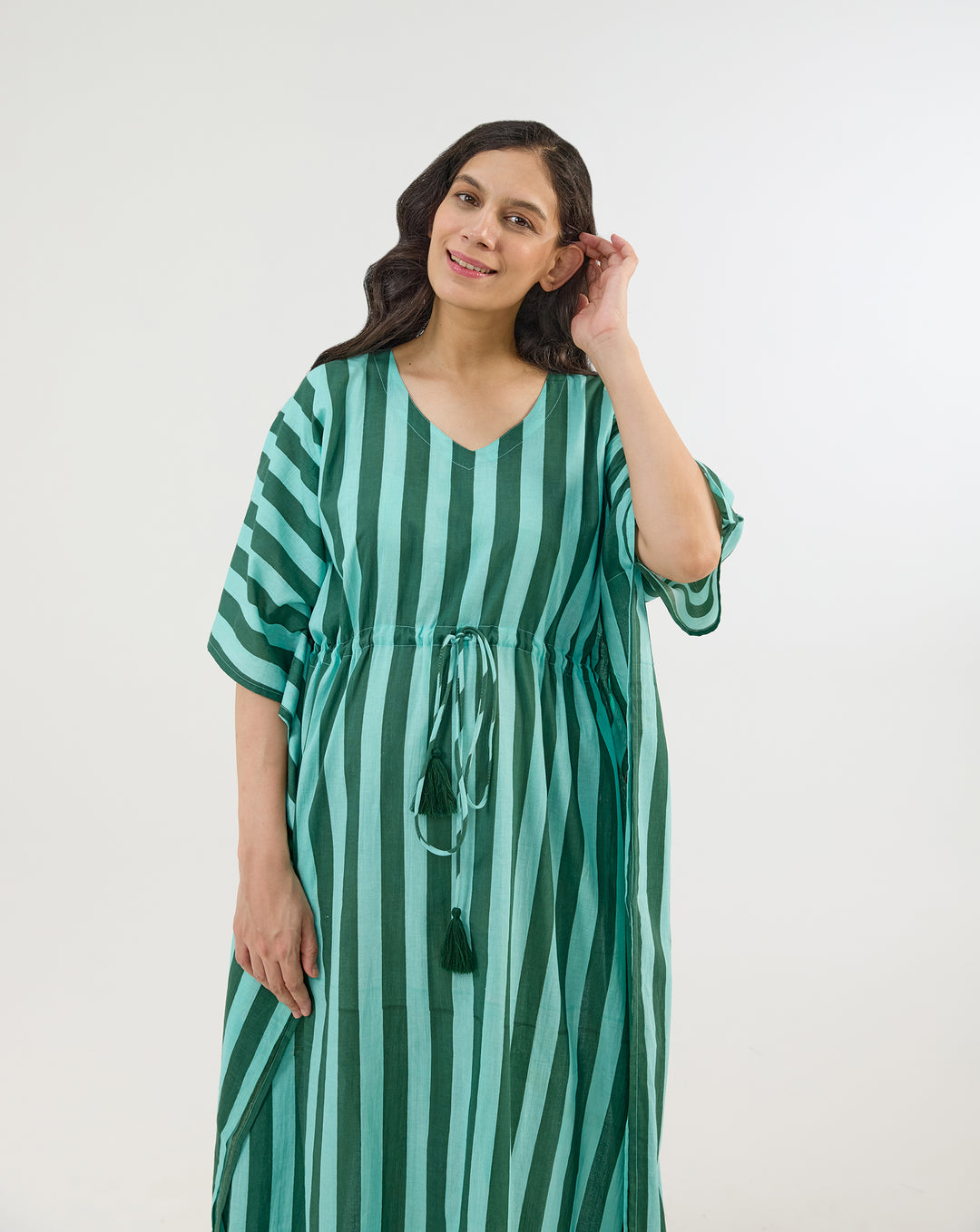 Bubble Gum Olive Hand Screen Printed Cotton Kaftan - Full Length