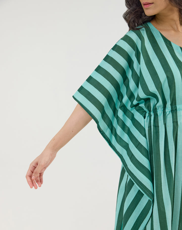 Bubble Gum Olive Hand Screen Printed Cotton Midi Kaftan