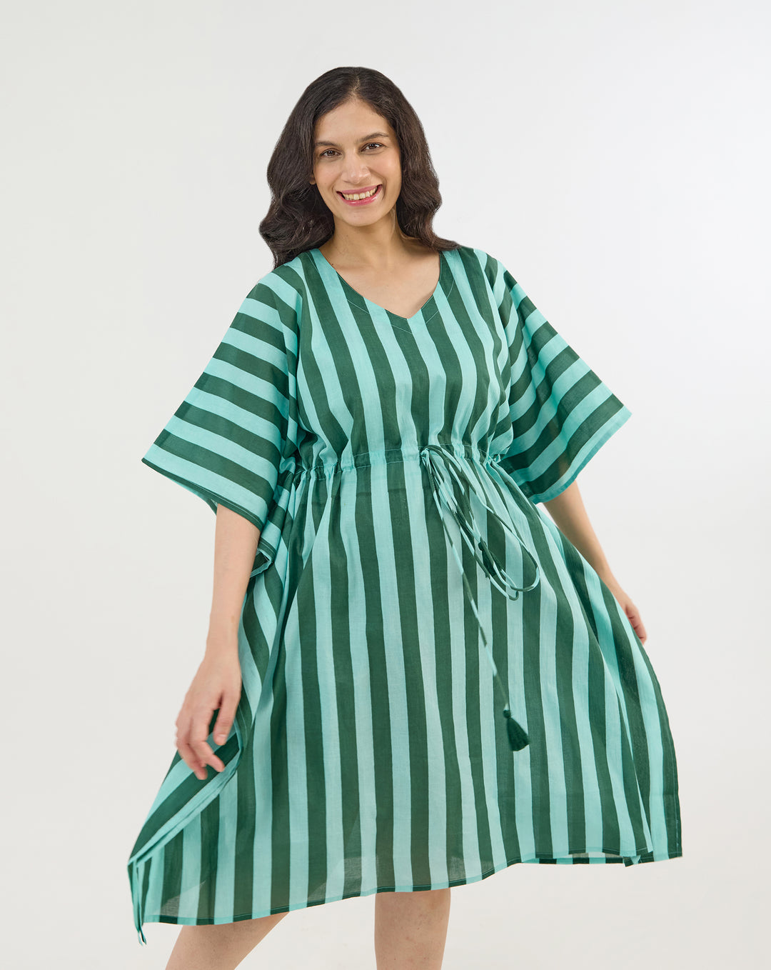 Bubble Gum Olive Hand Screen Printed Cotton Midi Kaftan