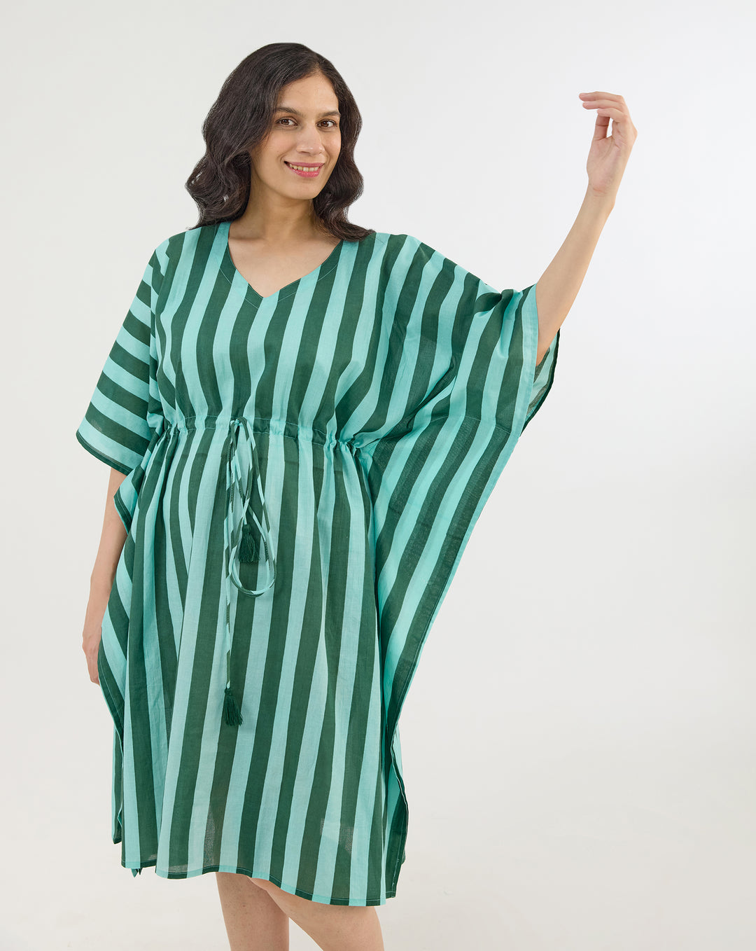 Bubble Gum Olive Hand Screen Printed Cotton Midi Kaftan