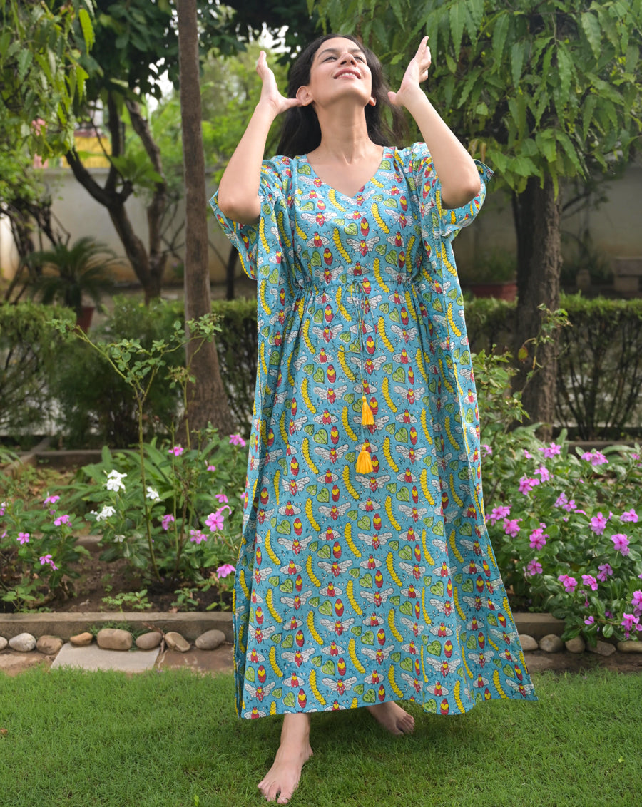 Cat-A-Pillar Hand Block Printed Cotton Kaftan - Full Length