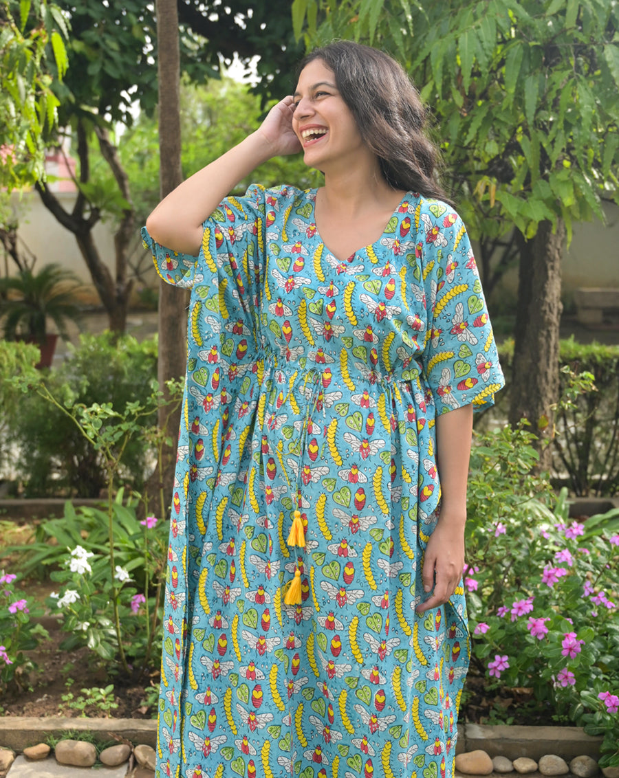 Cat-A-Pillar Hand Block Printed Cotton Kaftan - Full Length