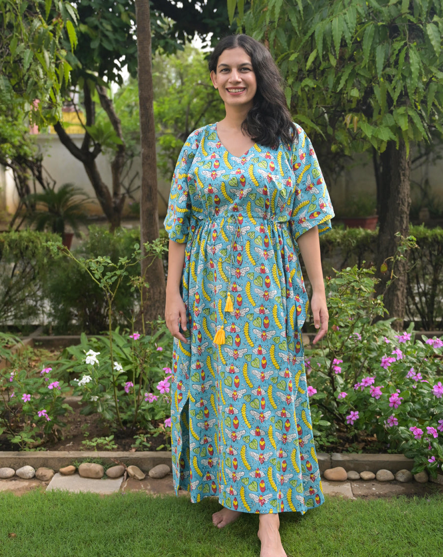 Cat-A-Pillar Hand Block Printed Cotton Kaftan - Full Length