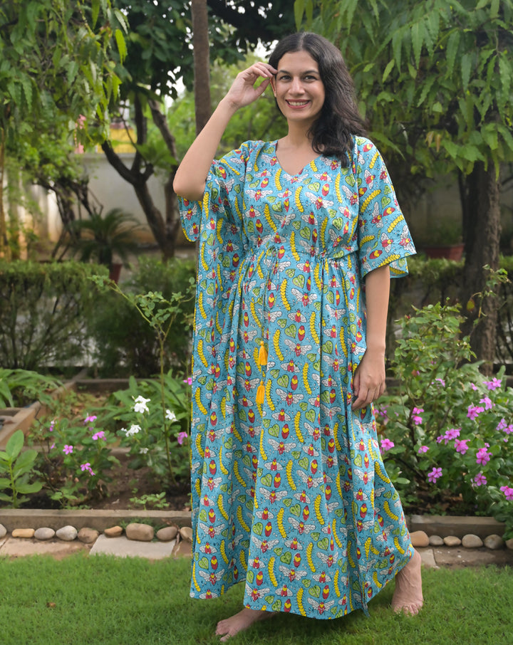 Cat-A-Pillar Hand Block Printed Cotton Kaftan - Full Length