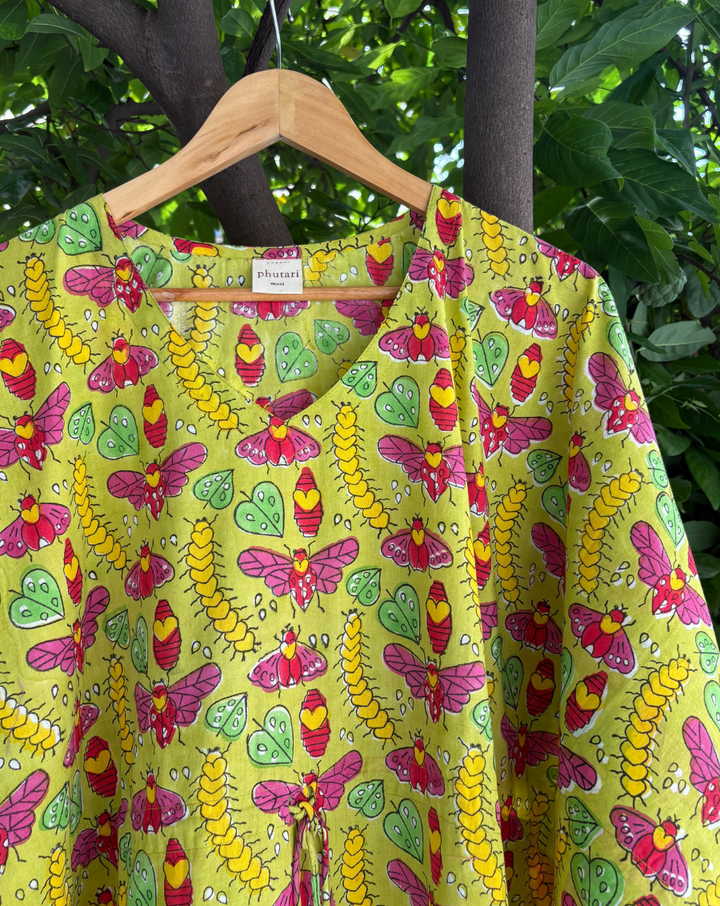 Cat-A-Pillar Hand Block Printed Cotton Kaftan - Full Length