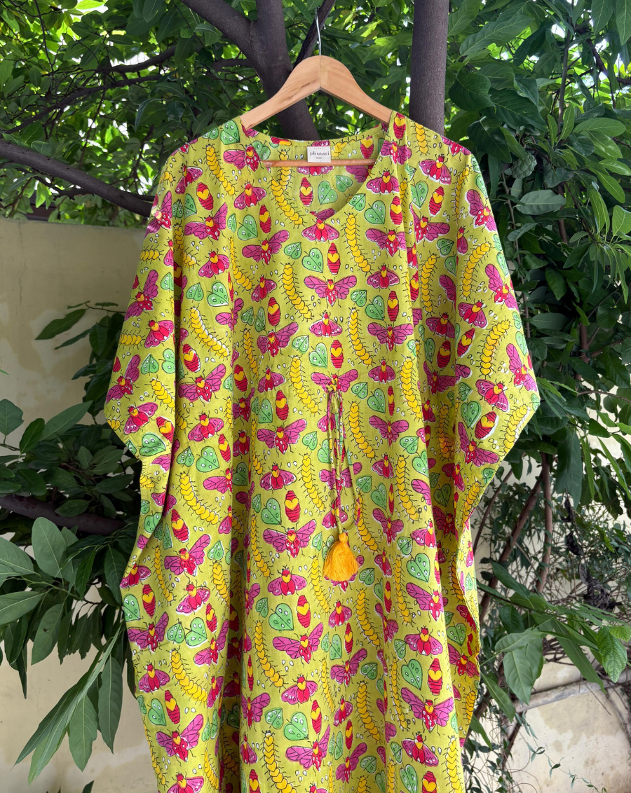 Cat-A-Pillar Hand Block Printed Cotton Kaftan - Full Length