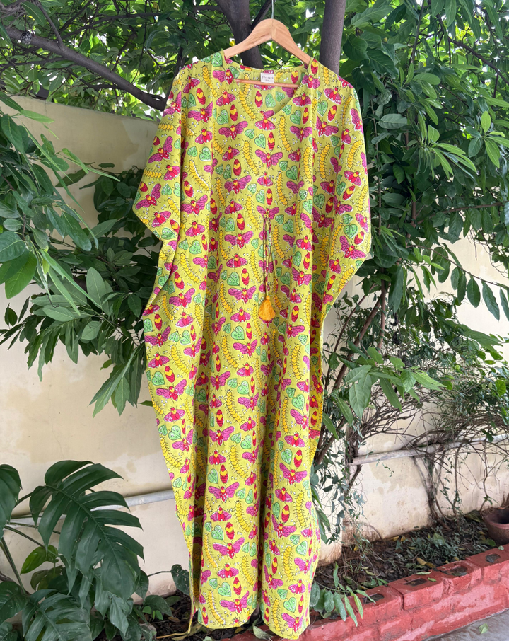 Cat-A-Pillar Hand Block Printed Cotton Kaftan - Full Length