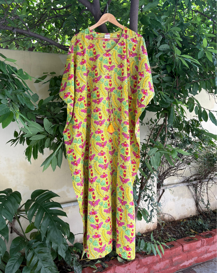 Cat-A-Pillar Hand Block Printed Cotton Kaftan - Full Length