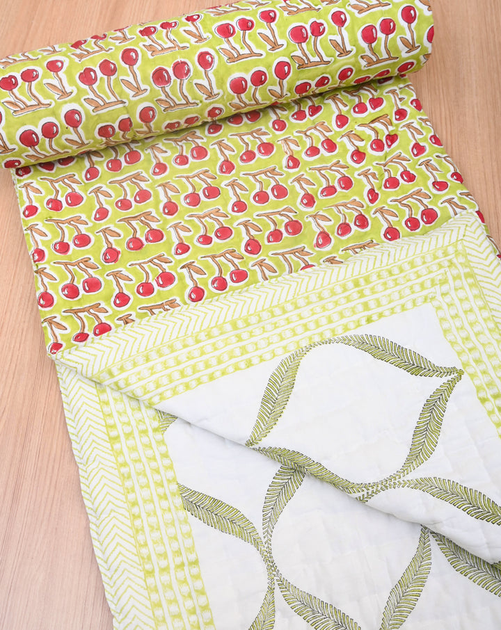 Cherries Hand Block Printed Cotton Quilt