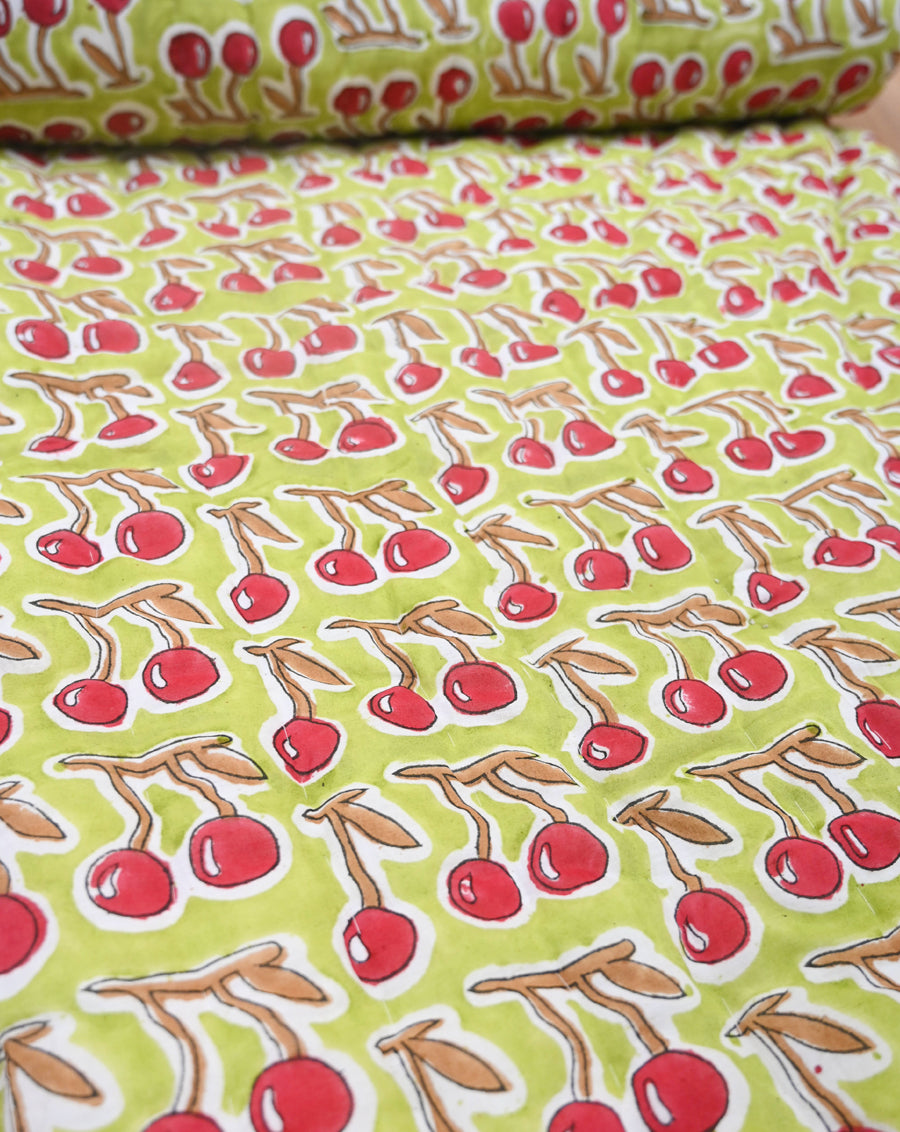 Cherries Hand Block Printed Cotton Quilt