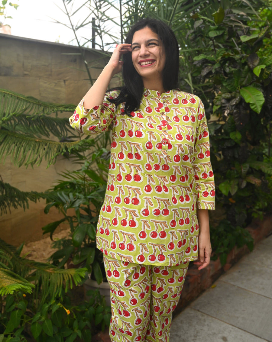Chuidor Pyjamas Co-ord Sets Women | Cherries Kurta Pajama by Phutari | Made in Cotton