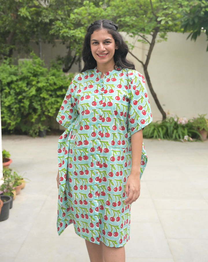 Cherries Hand Block Printed Cotton Midi Kaftan Shirt