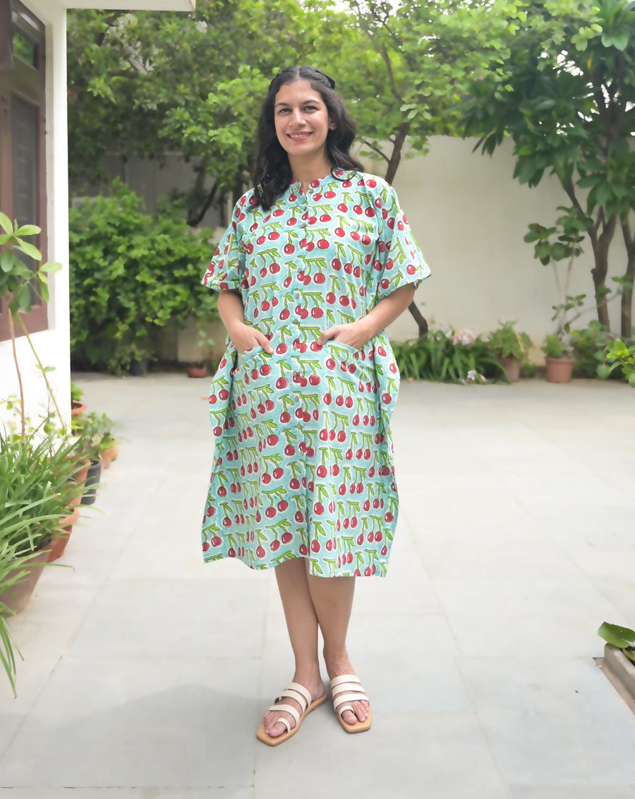 Cherries Hand Block Printed Cotton Midi Kaftan Shirt