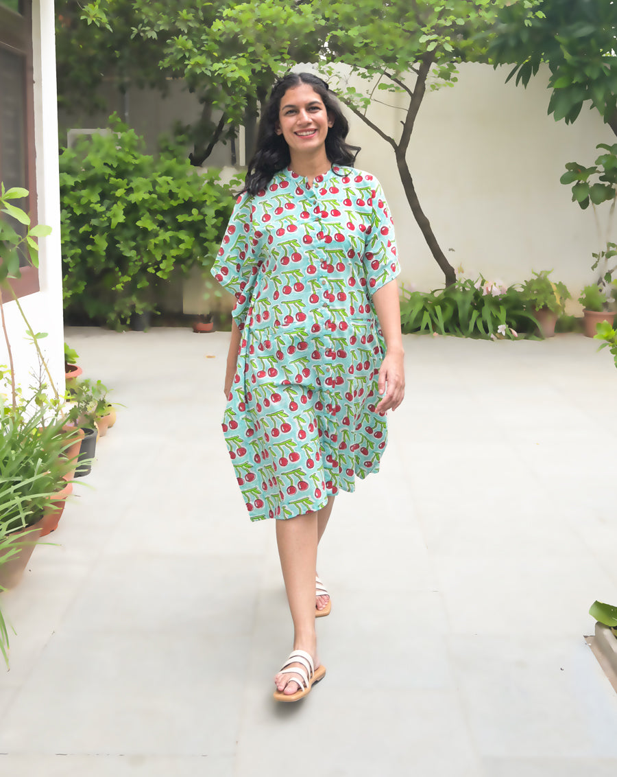 Cherries Hand Block Printed Cotton Midi Kaftan Shirt