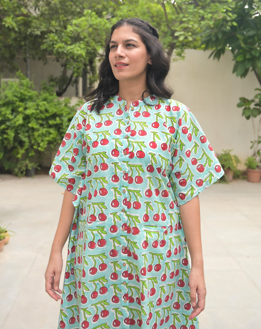 Cherries Hand Block Printed Cotton Midi Kaftan Shirt