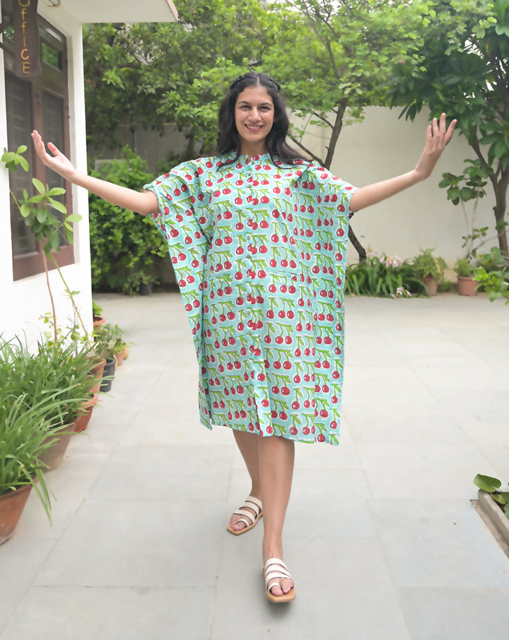 Cherries Hand Block Printed Cotton Midi Kaftan Shirt