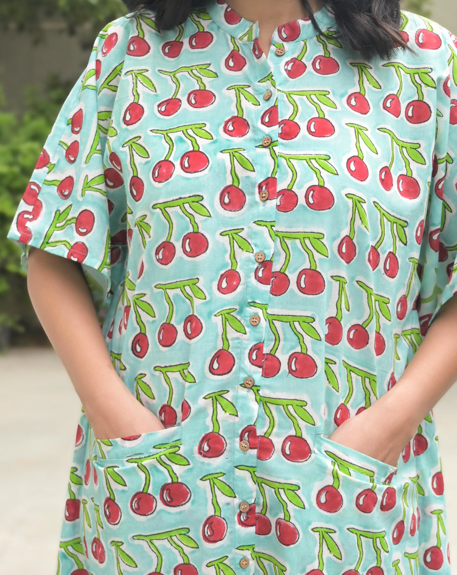 Cherries Hand Block Printed Cotton Midi Kaftan Shirt