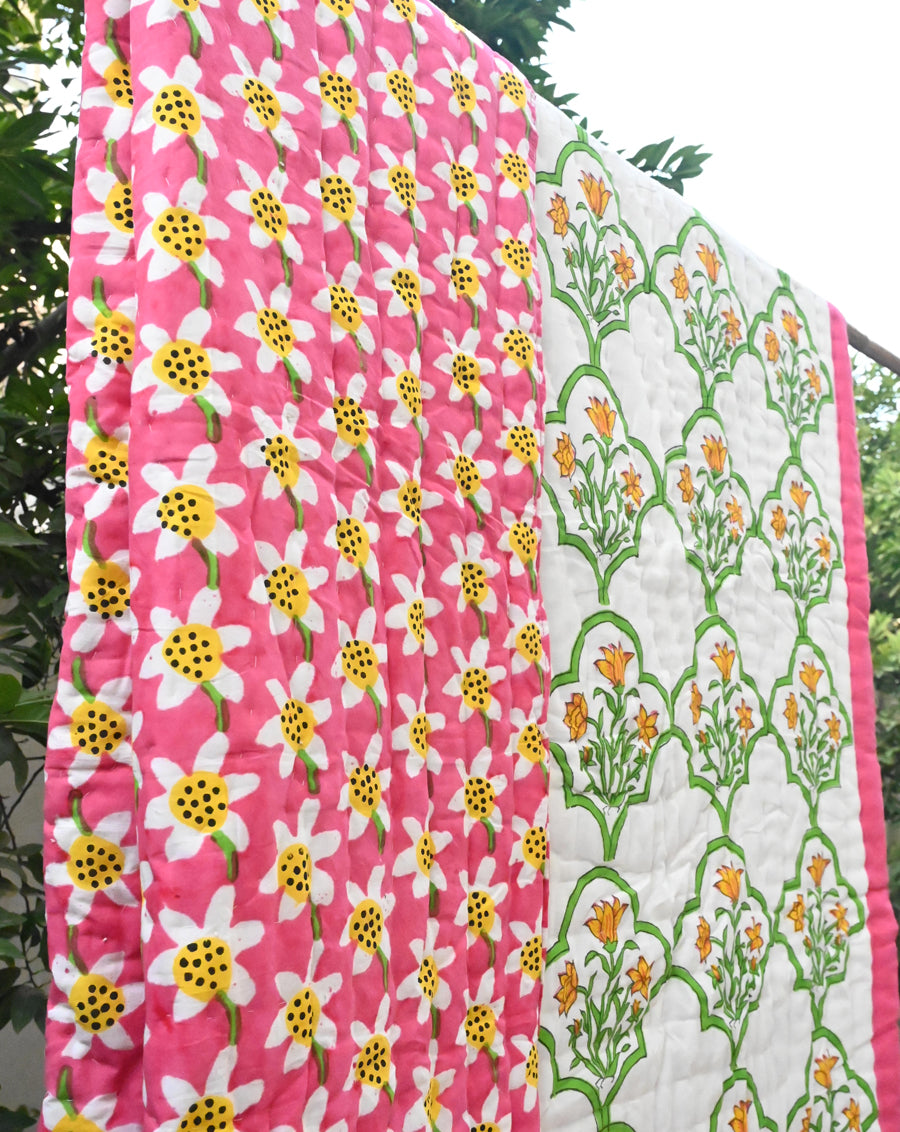 Daffodil Hand Block Printed Cotton Quilt - Limited Edition