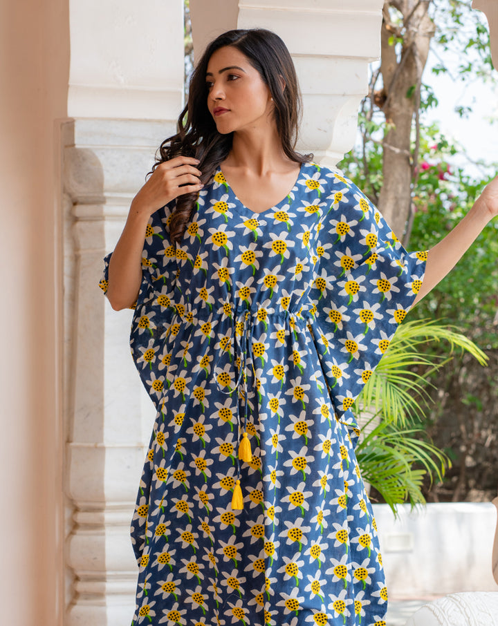 Daffodil Hand Block Printed Cotton Kaftan - Full Length