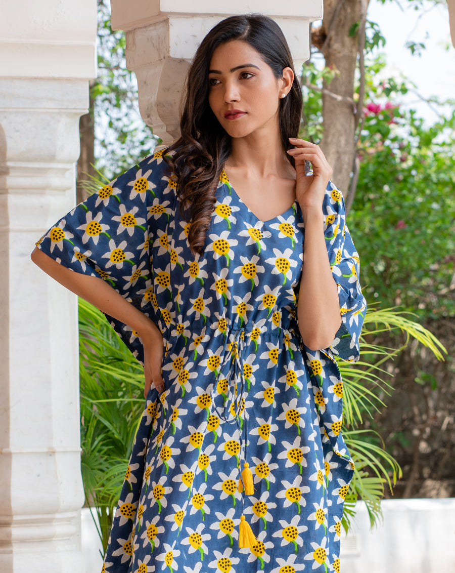 Daffodil Hand Block Printed Cotton Kaftan - Full Length