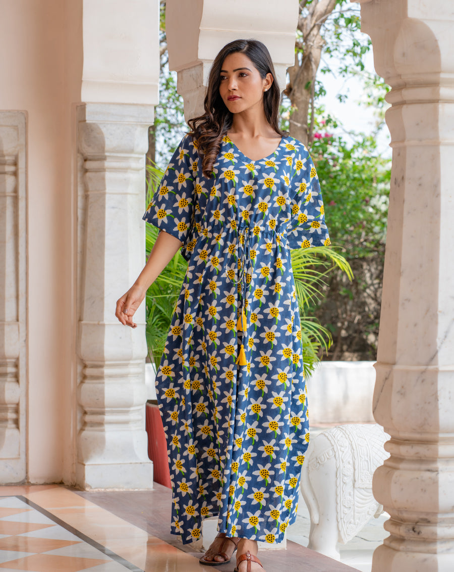 Zig-Zag Printed & Hand Embroidered Tiered Flared Maxi Dress - Yellow –  FASHOR