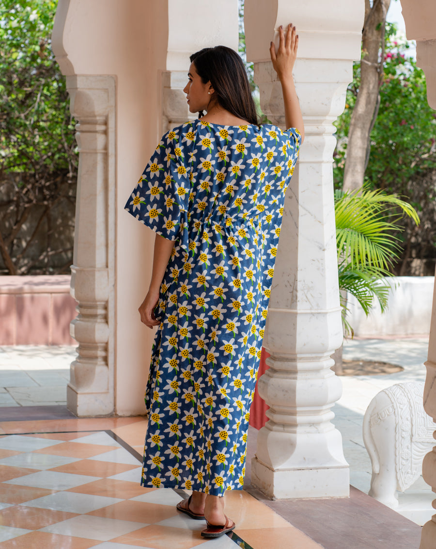 Daffodil Hand Block Printed Cotton Kaftan - Full Length