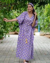 Load image into Gallery viewer, Whoopsie Daisy Purple Hand Block Printed Cotton Kaftan - Full Length - Minor Defect-FK39
