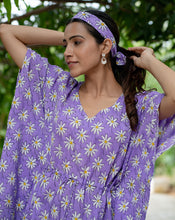 Load image into Gallery viewer, Whoopsie Daisy Purple Hand Block Printed Cotton Kaftan - Full Length - Minor Defect-FK39
