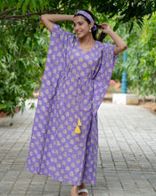 Load image into Gallery viewer, Whoopsie Daisy Purple Hand Block Printed Cotton Kaftan - Full Length
