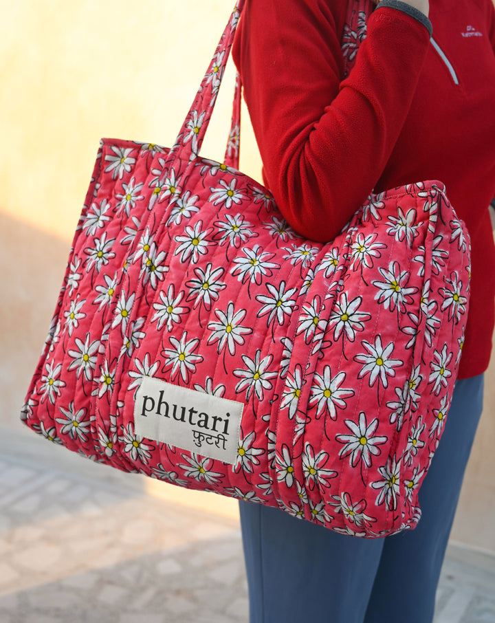 Whoopsie Daisy Quilted Tote Bag with a Pouch