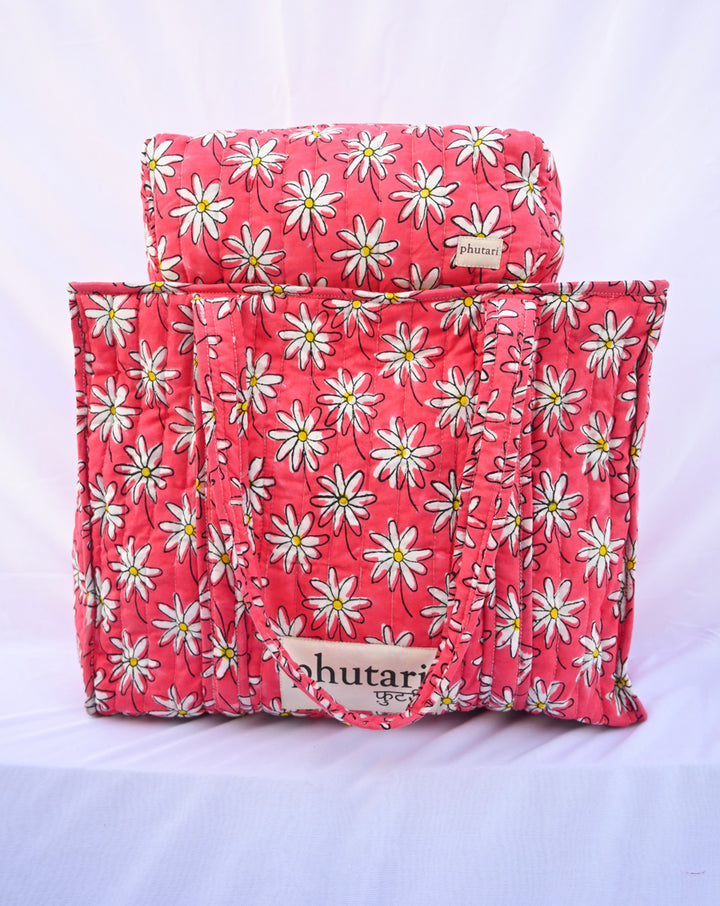 Whoopsie Daisy Quilted Tote Bag with a Pouch