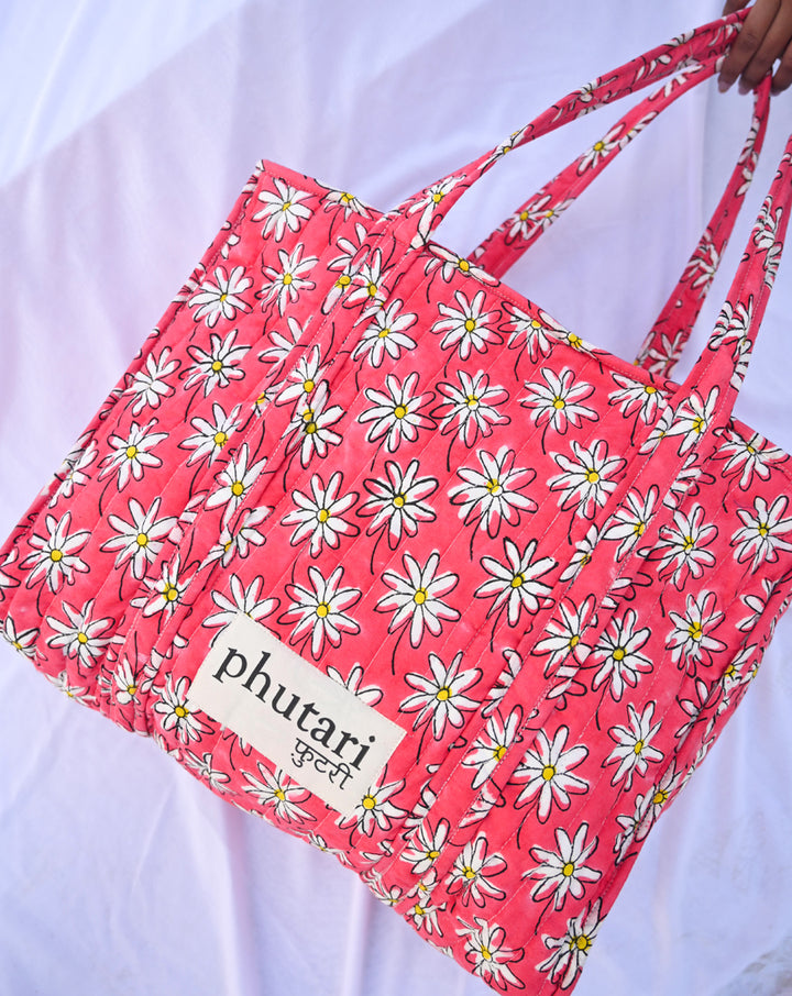 Whoopsie Daisy Quilted Tote Bag with a Pouch