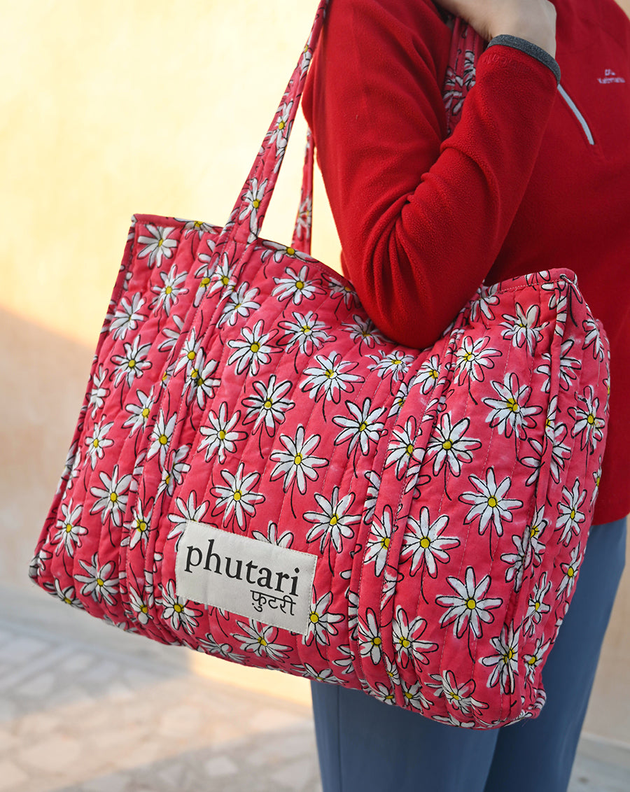 Whoopsie Daisy Quilted Tote Bag with a Pouch