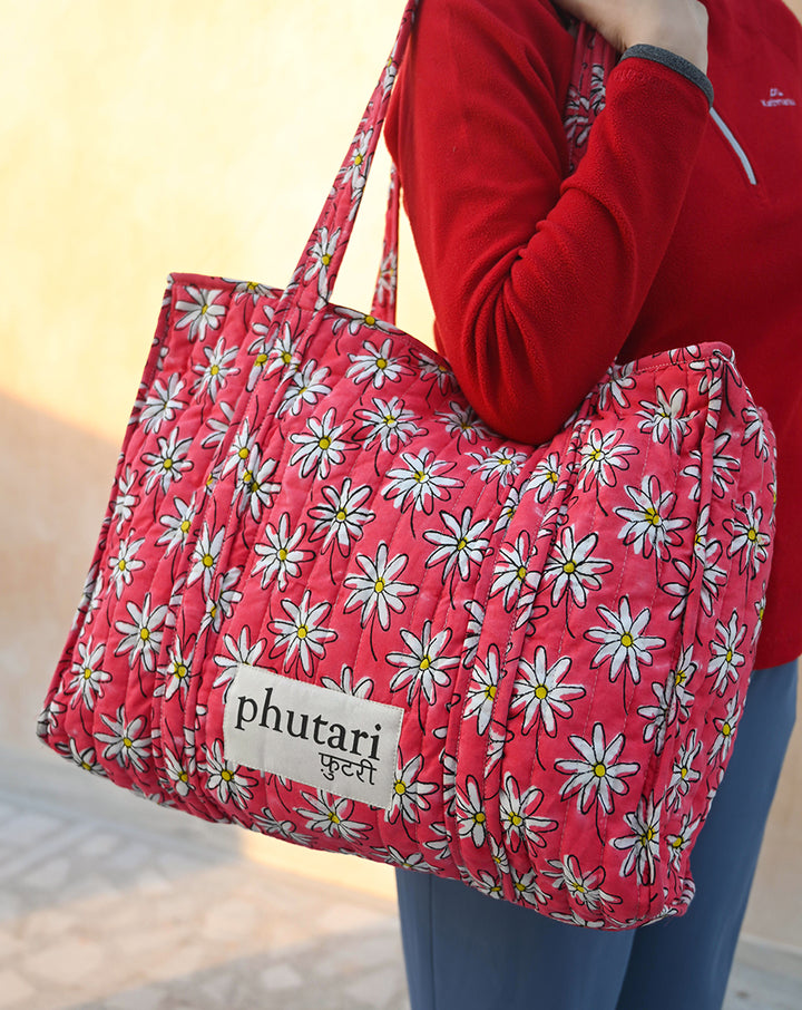 Whoopsie Daisy Quilted Tote Bag with a Pouch