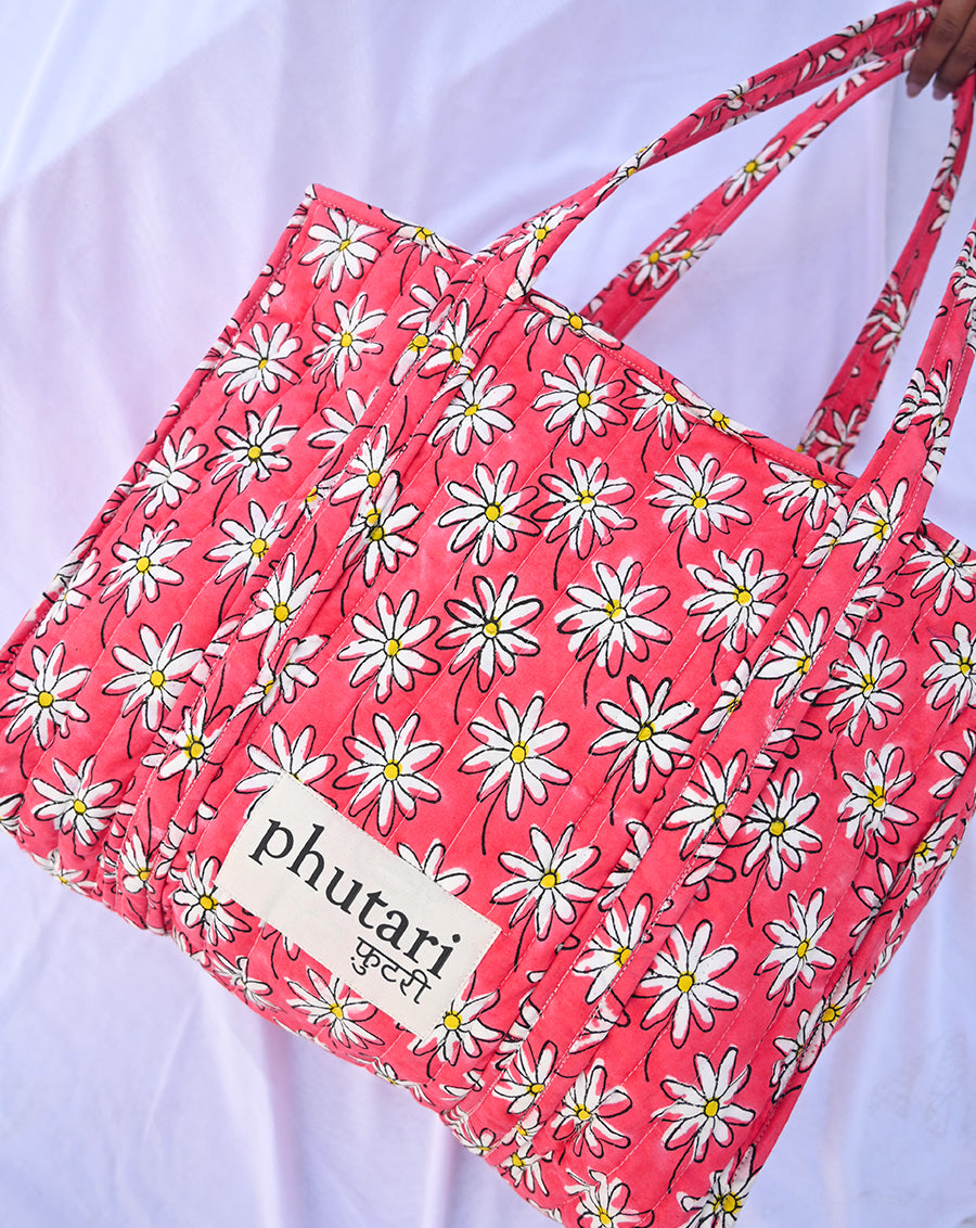Whoopsie Daisy Quilted Tote Bag with a Pouch