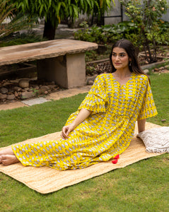 Nazar Battu Hand Block Printed Cotton Kaftan - Full Length