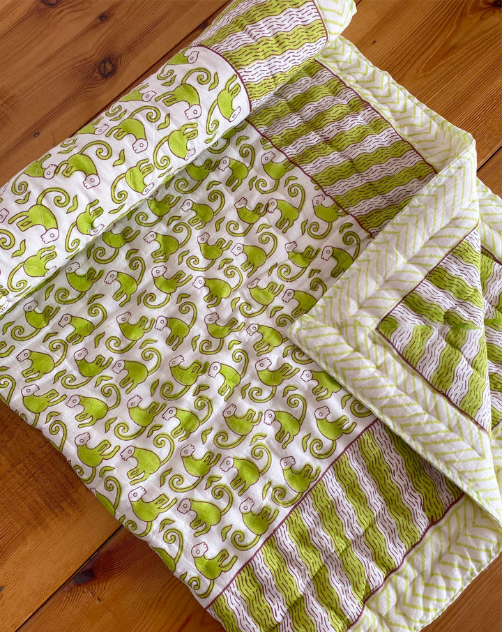 Funky Monkey Green GOTS Certified Organic Cotton Quilt for Babies/Kids - Minor defect