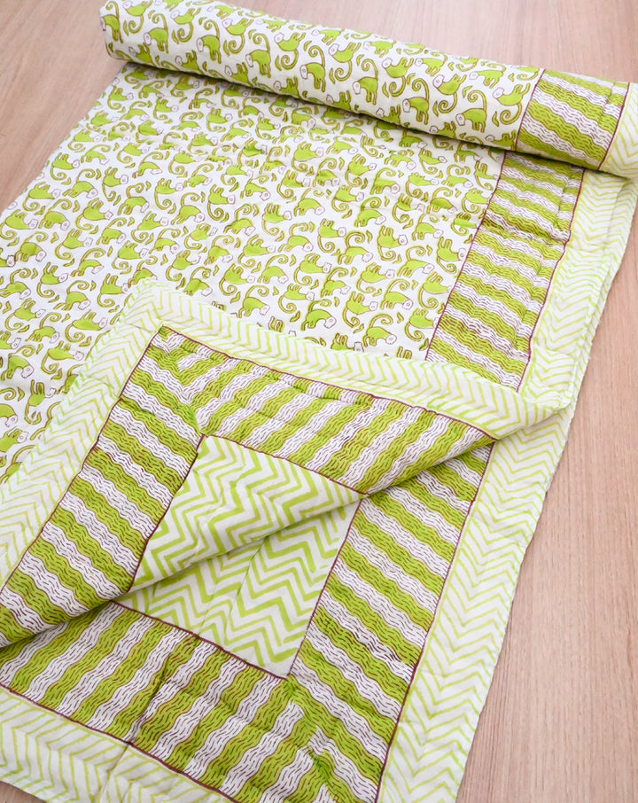 Funky Monkey Green Hand Block Printed Cotton Quilt