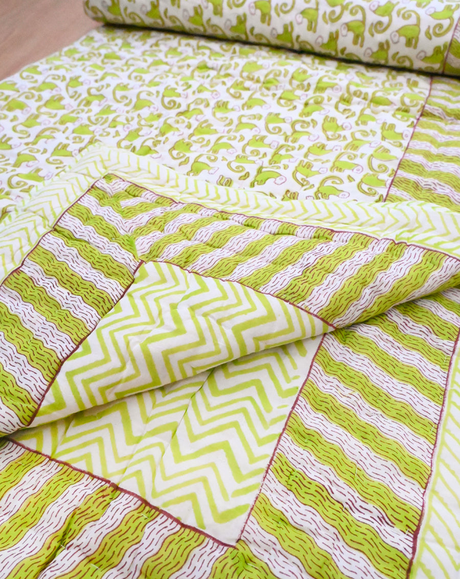 Funky Monkey Green GOTS Certified Organic Cotton Quilt for Babies/Kids - Minor defect