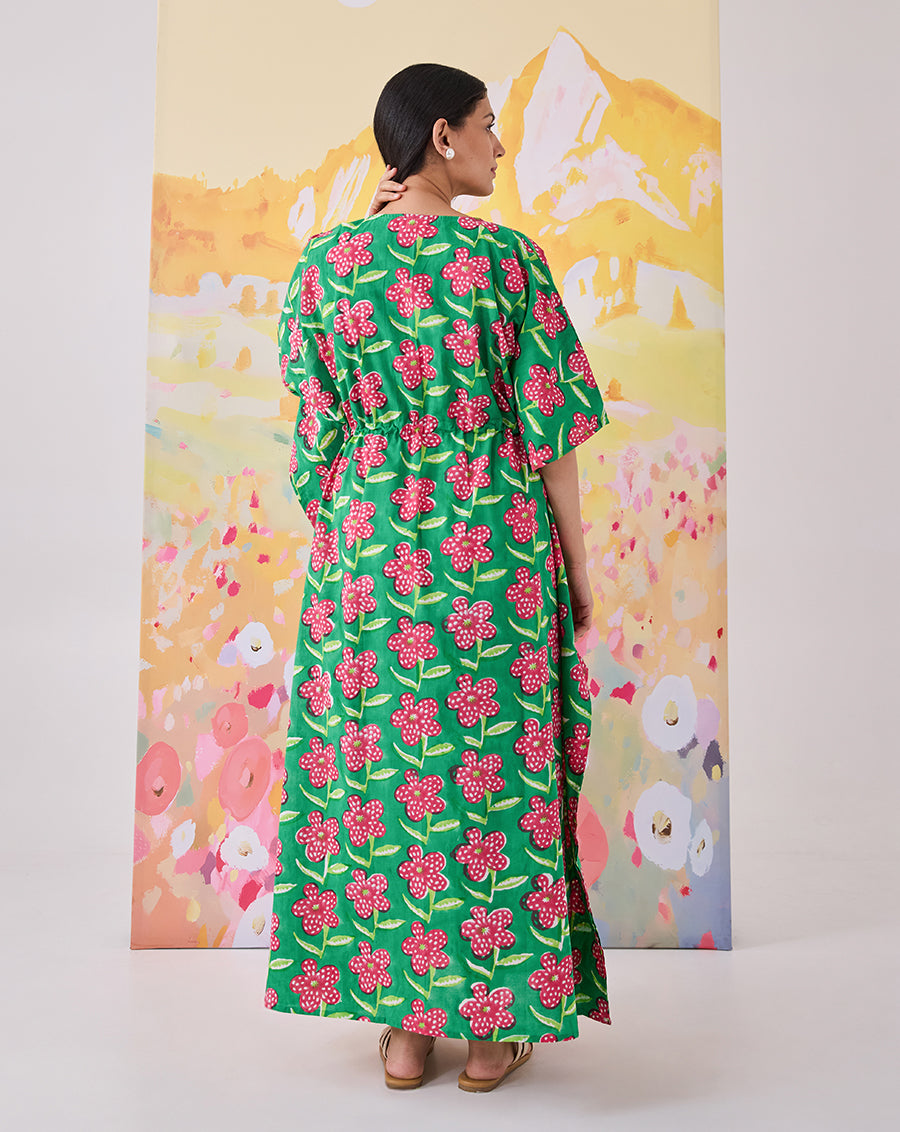 Poppy Hand Block Printed Cotton Kaftan - Full Length