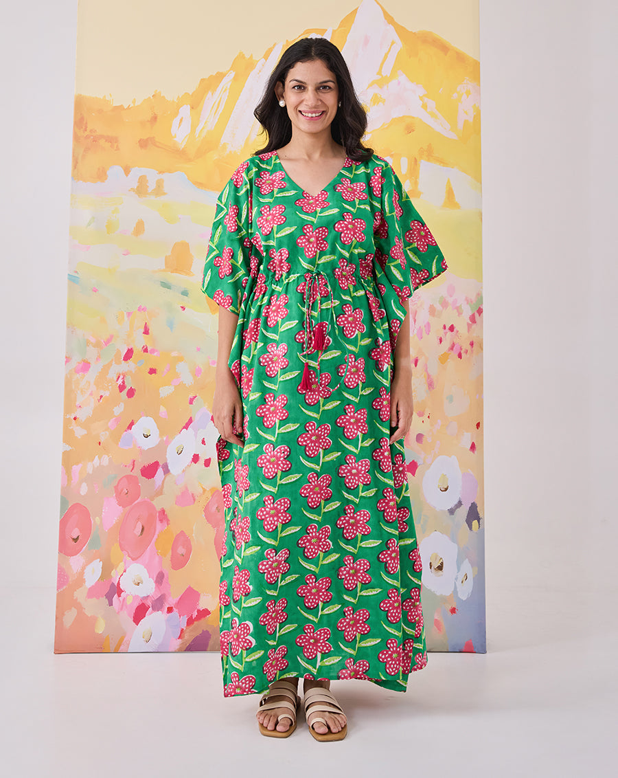 Poppy Hand Block Printed Cotton Kaftan - Full Length