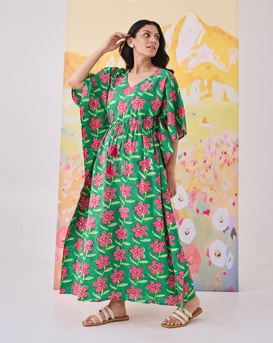 Poppy Hand Block Printed Cotton Kaftan - Full Length