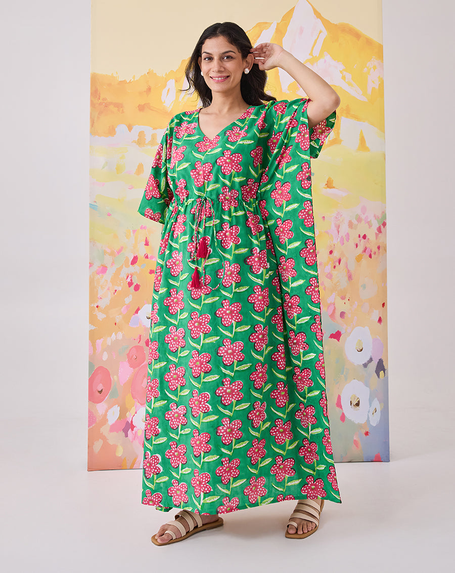 Poppy Hand Block Printed Cotton Kaftan - Full Length