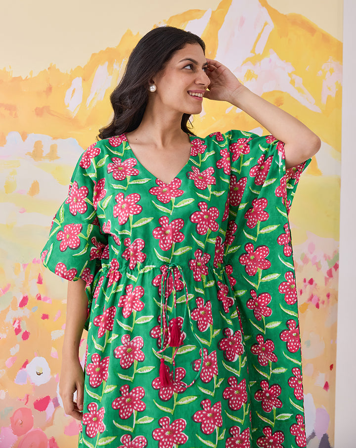 Poppy Hand Block Printed Cotton Kaftan - Full Length